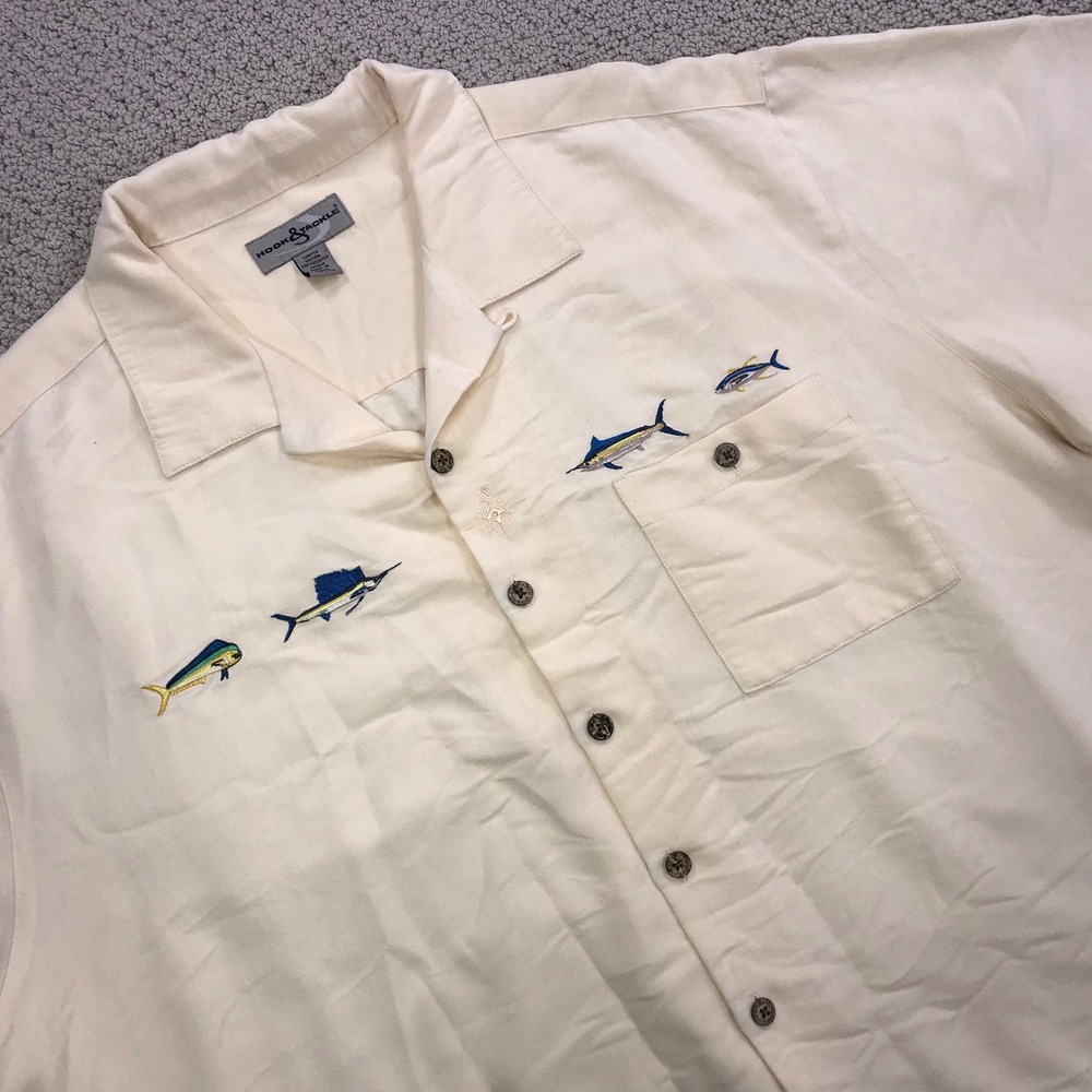 Hook and Tackle Mens 2XL Cream Embroidered Fish Rayon Blend Camp Shirt Fishing
